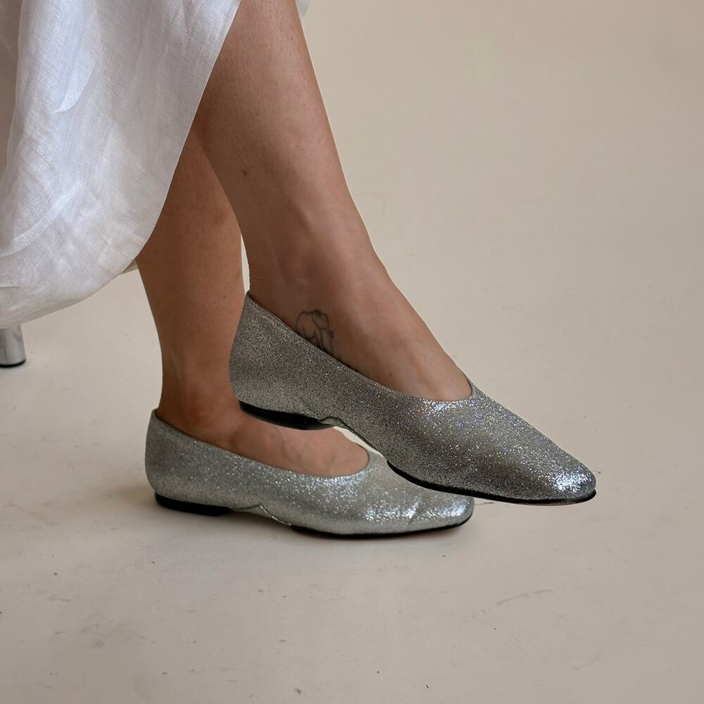 d'Ro-Too Silver Glitter Ballet Flats - Mid-Century Glam, Made in Italy, Size 7.5